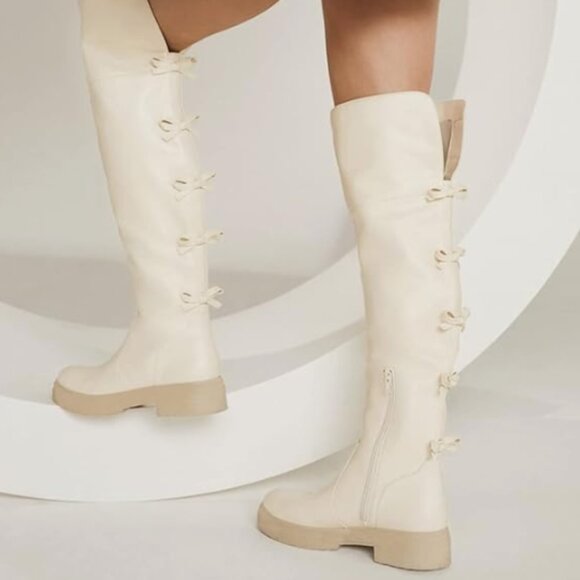 FSJ White Round Toe Side Zipper Low Block Heel Small Bow Over The Knee Boots - Picture 1 of 8